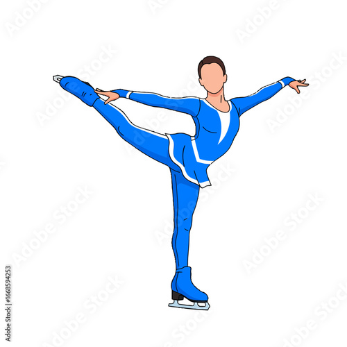 A figure skater in a blue costume performing a graceful pose on the ice with arms outstretched.