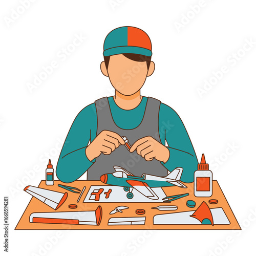 Person meticulously assembling a model airplane.