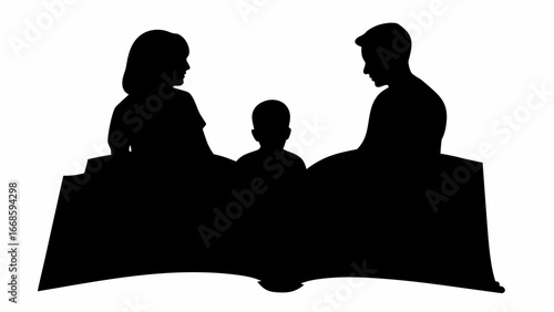 Silhouette of family reading a book together with mother father and child in a story time setting at home