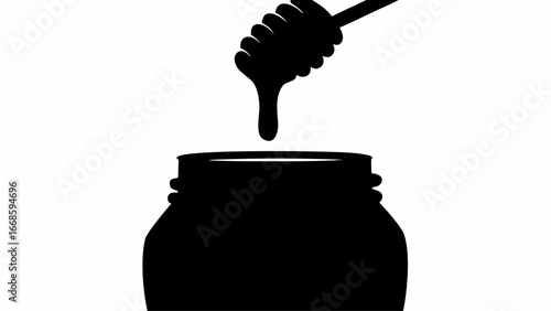 Silhouette of honey dripping from a dipper into a jar against a white background in a simple image