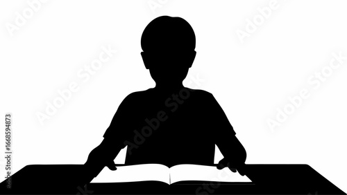 Silhouette of a person sitting at a desk reading an open book in black and white illustration style image