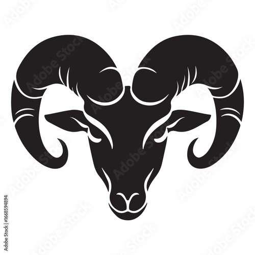 Ornate ram head silhouette, black and white.