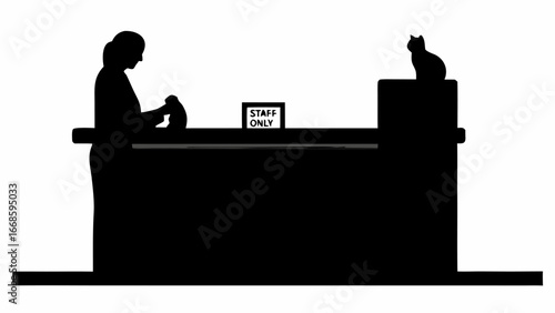 Silhouette of woman behind counter with staff only sign and cat on the right side of counter
