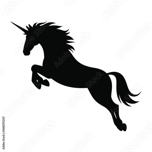 Leaping Unicorn Vector Silhouette Illustration of Mythical Creature on White Background