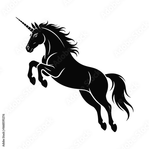 Elegant Unicorn Vector Silhouette Illustration with Detailed Mane and Tail on White