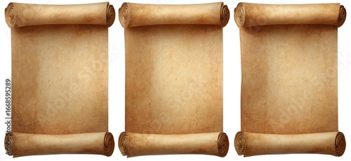 Three aged, rolled parchment scrolls, blank, isolated on white