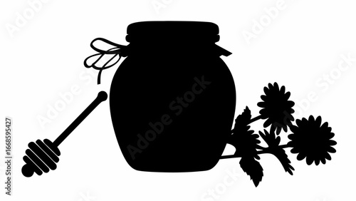 A silhouetted honey jar with a honey dipper and flowers creating a charming and rustic composition