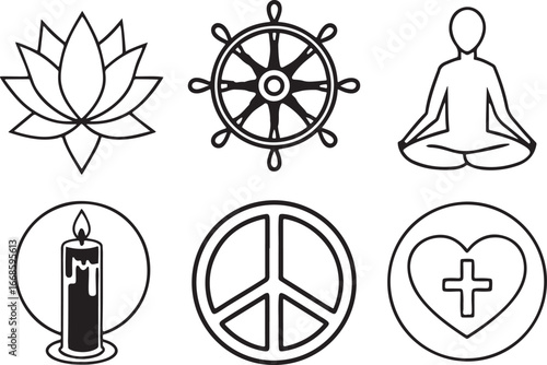 Mental meditation line art vector icon set. Health and Medical flat black outline icons for Web and App. Editable illustration linear