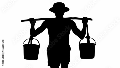 Silhouette of a man with hat carrying buckets on a shoulder pole representing rural labor and water transport