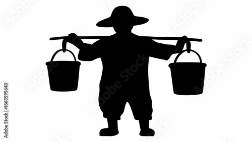 Silhouette of a farmer carrying buckets on a shoulder pole wearing a hat in a black and white illustration