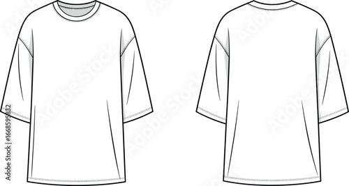 Minimal oversized t-shirt fashion flat sketch front and back view vector illustration for clothing design template and apparel mockup.