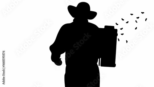 Silhouette of beekeeper with hat and smoker surrounded by bees against a white background image view