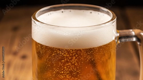 Wallpaper Mural Cinematic Close-Up of Large Beer Mug Filled with Golden Beer and Thick Foam on Wooden Table Torontodigital.ca