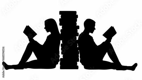 Silhouette of woman and man reading books sitting back to back against a stack of books isolated on white