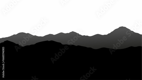 Silhouetted mountain range landscape with varying shades of gray against a white background view image