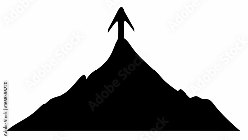 Black silhouette of a mountain range with a prominent peak and arrow pointing upwards from the summit
