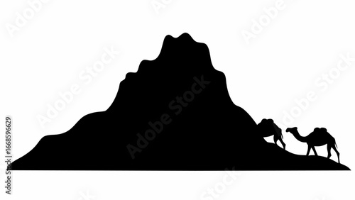 Silhouette of two camels walking in front of a large mountain landscape in a desert setting, black and white