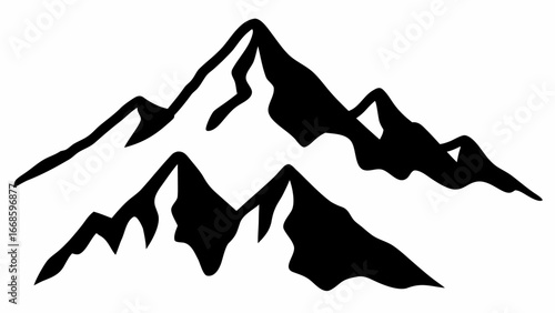 Silhouette of two mountain ranges with jagged peaks and snow caps against a white background creating a stark contrast