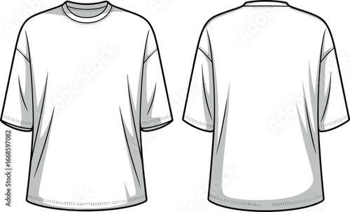 Oversized unisex t-shirt technical flat sketch front and back view vector illustration for fashion apparel design and garment templates.