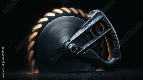 Close-up of a circular saw blade, showcasing intricate details and a dramatic lighting effect.