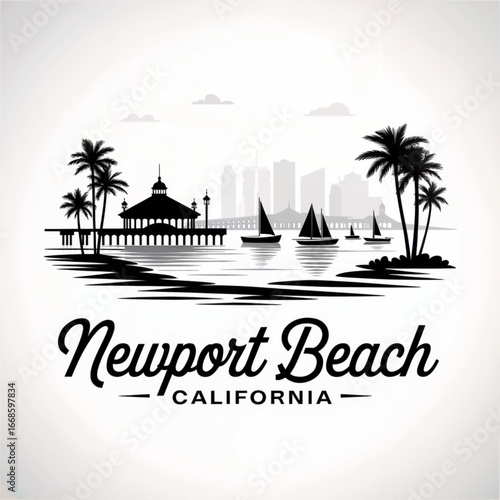 Newport Beach California Skyline Silhouette — Coastal City with Pier and Harborfront Vector Illustration