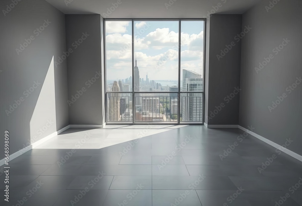 Fototapeta premium Empty grey room with balcony overlooking cityscape , empty, architecture
