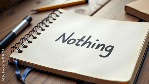 Open notebook with single handwritten word nothing written in bold letters