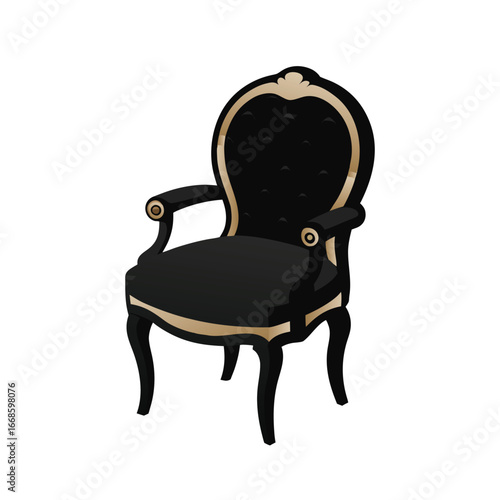 a silhouette of an elegant, classic-style chair with armrests and tufted details on the backrest on white background.