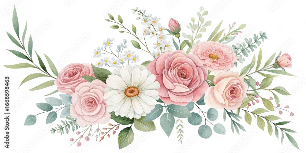 Fototapeta premium Delicate watercolor floral arrangement featuring pink roses and white daisies isolated on white background