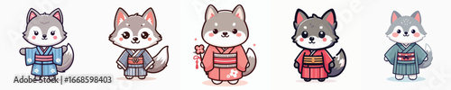 cute wolf vector in kimono costume