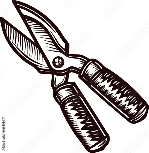 Hand drawn vintage pruning shears illustration with textured handles and sharp blades isolated on white background