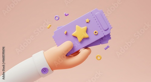 Hand holding purple gift envelope with star decoration isolated on white background