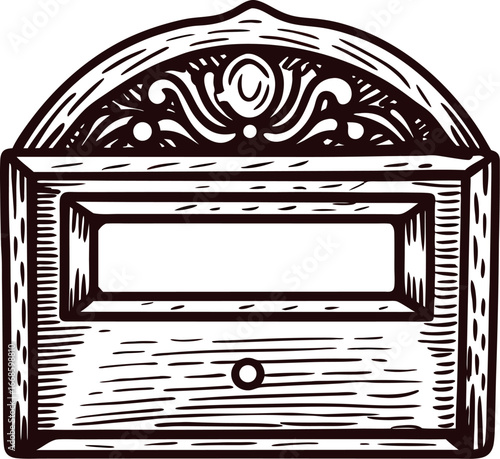 Vintage engraved mailbox illustration with ornate decorative design and rectangular slot on wooden panel