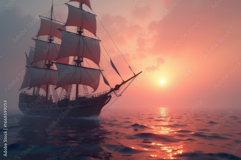 Fototapeta premium Majestic Tall Ship Sails into a Fiery Sunset Over the Ocean