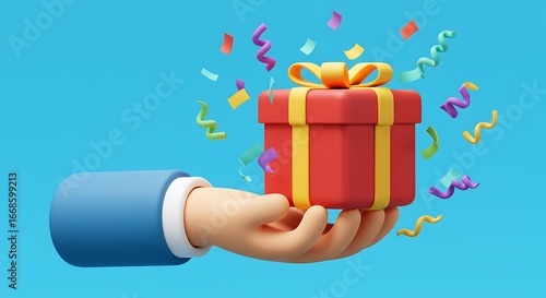 Hand presenting red gift box with confetti isolated on white background