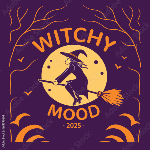 Vector art of witchy mood with witch flying on broomstick