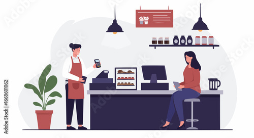 Female barista working at the counter in a modern coffee shop, taking orders and serving customers.