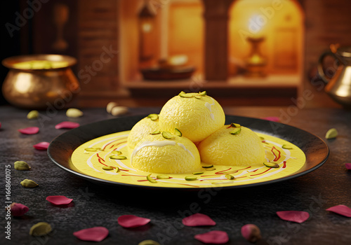 Rasmalai Indian Dessert in Cream Sauce on Black Plate | Traditional Festive Sweet Food for Restaurant Menu, Food Blog and Asian Cuisine Promotion