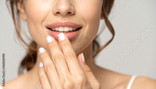 Close-up of a woman holding her lips while smiling with white nails