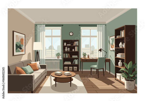 Vector illustration of cozy living room with a sofa, desk, and bookshelves, bathed in sunlight