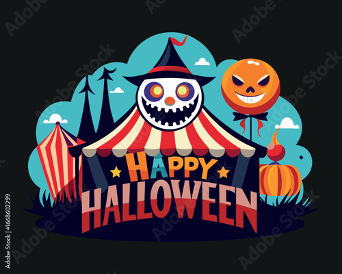 Happy Helloween, Castle, haunted house and ghost hands, tomb on full moon night. illustrator Vector Eps 10. Funny spooky boo character. Spook phantom with happy smiling face expression,
