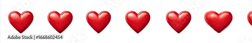 Seven glossy, red hearts aligned horizontally on a white background