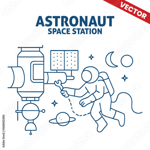 Astronaut inspecting satellite from the space station, space research and technology, vector outline graphic illustration.