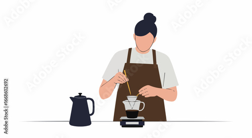Focused Female Barista Preparing Pour-Over Coffee with Dripper and Kettle, isolated white background