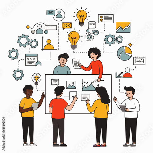 Diverse professionals collaborate on a dynamic project, brainstorming innovative ideas, analyzing data, and strategizing for success with interconnected digital tools.