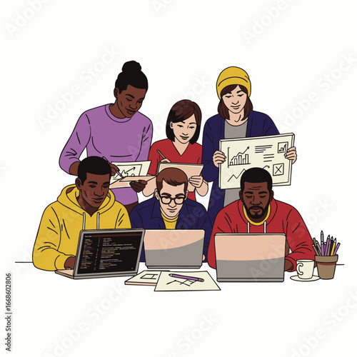 A diverse team of professionals collaboratively analyzes data and develops innovative solutions using technology in a modern business environment.