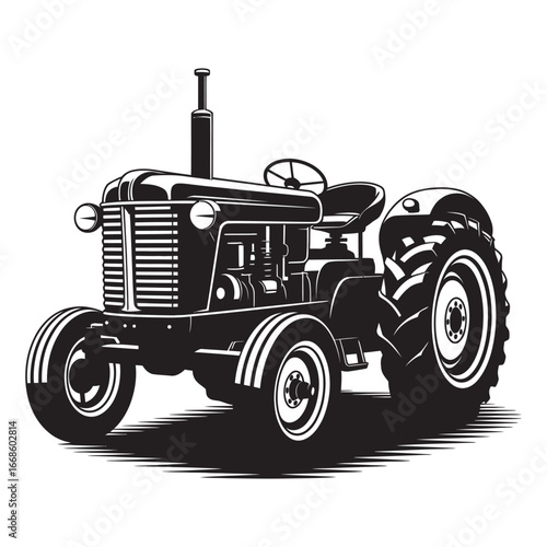 Vintage farm tractor in a retro black and white woodcut style. Detailed vector graphic illustration for an agricultural emblem or logo a