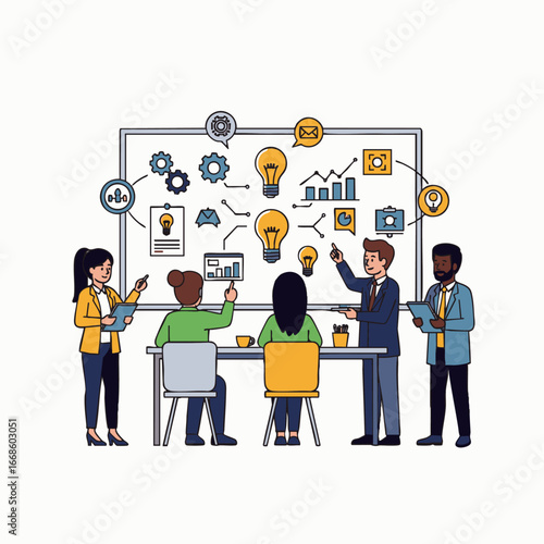 A diverse team of professionals collaborates during a dynamic brainstorming session, developing innovative business strategies and ideas around a central whiteboard.