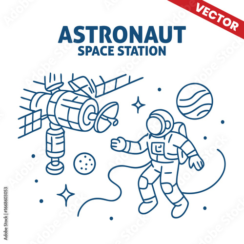 Astronaut performing maintenance on space station systems, futuristic space exploration, vector outline graphic illustration.
