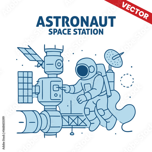 Astronaut interacting with space station controls, futuristic technology in space, vector outline graphic illustration.